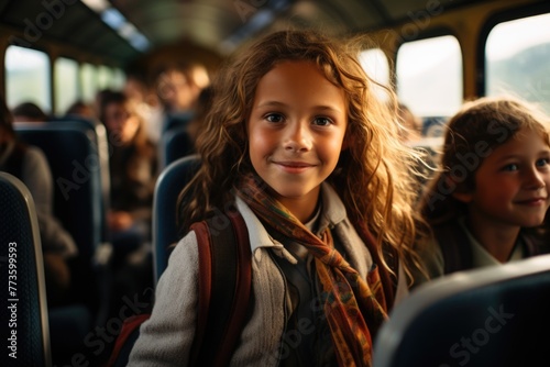 Joyful ride: fun students on a school bus, sharing laughter and creating memories on their journey to school, embodying the spirit of friendship and adventure during their commute together © Ruslan Batiuk