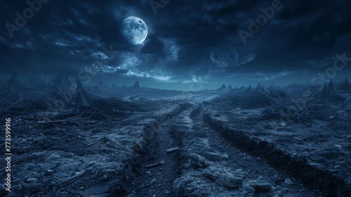 A barren moonlit field with a luminous path of destruction snaking its way towards the horizon. photo