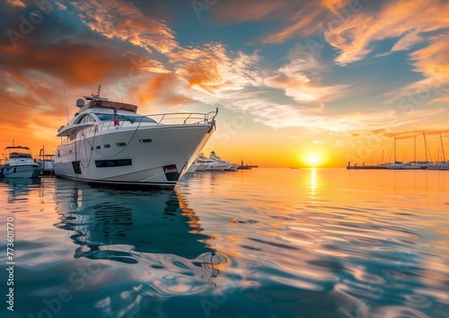 Luxury Yacht Anchored in Serene Harbor at Golden Sunset © Qstock