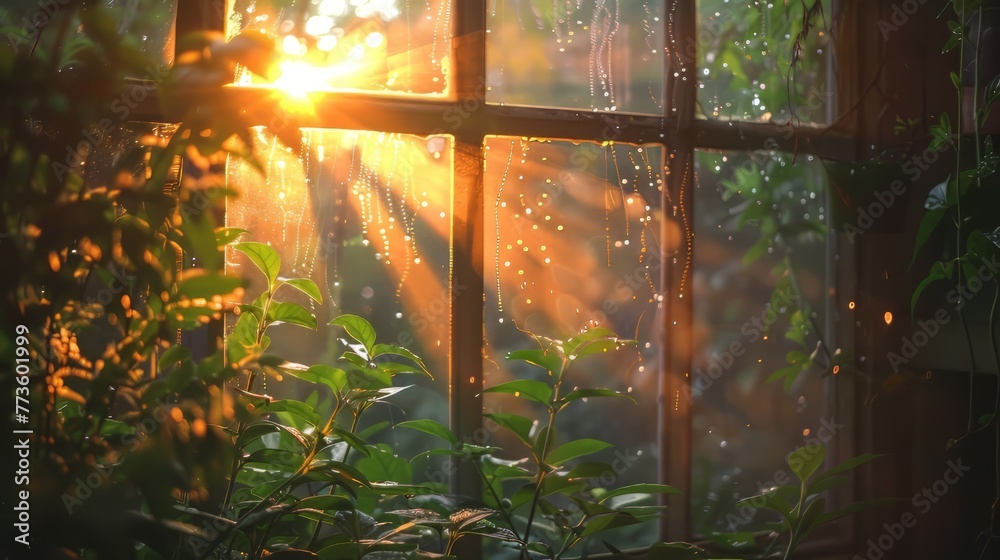 Window Dew Morning with Forest Background
