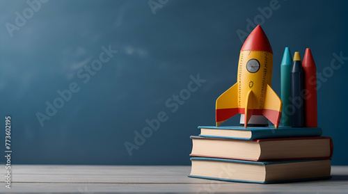 Book rockets placed on the table, improve grades, blue background.generative.ai