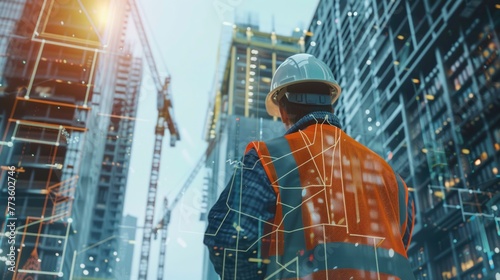 Engineer in hard hat and reflective jacket with urban digital blueprints at construction site