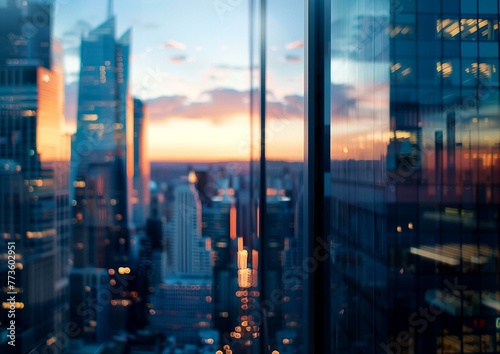 Stunning Sunset View Between Modern Skyscrapers in Urban Business District © Qstock