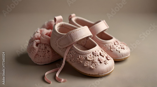 Cute baby shoes for new born girl on light background.generative.ai