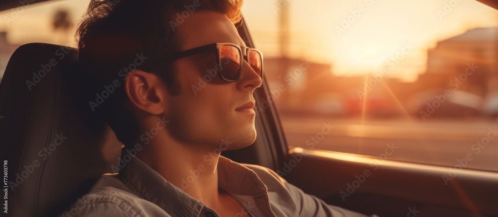 © AkuAku - A man with dark sunglasses is sitting inside a car, appearing stylish and cool
