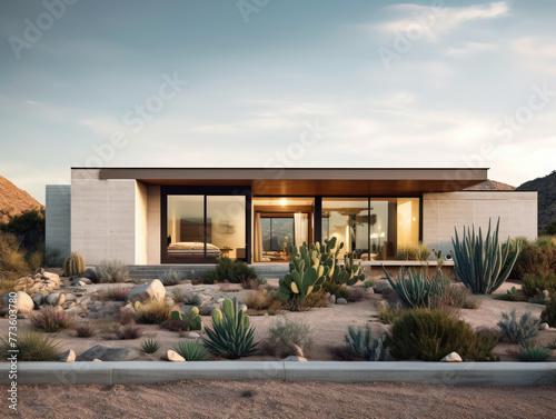 exterior of design single story modern house is contemporary in desert. Generative AI.