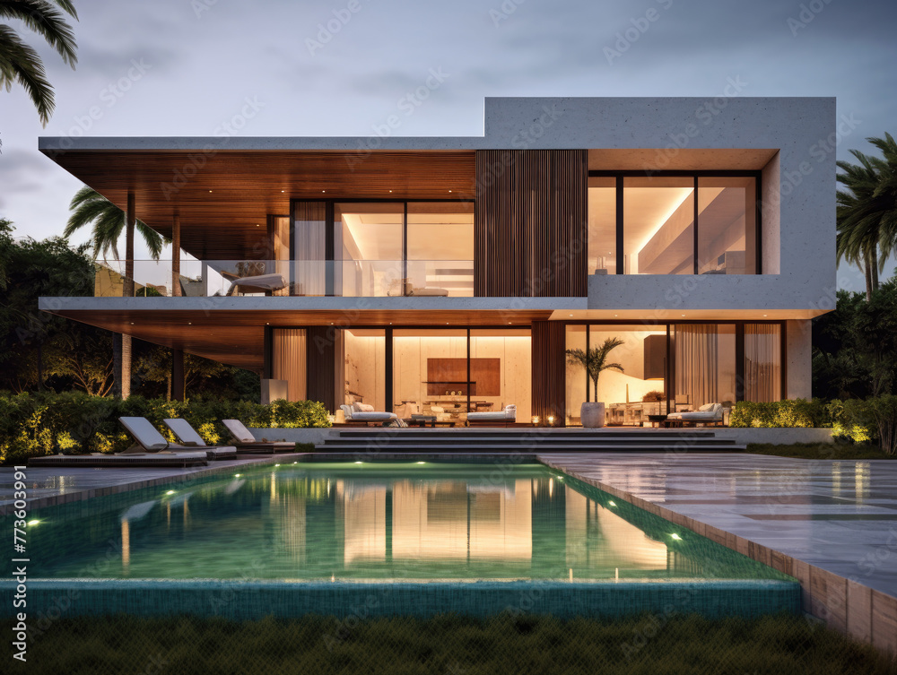 Modern stylish home with a minimalistic design, and a swimming pool in the foreground. Modern minimalistic architecture. Generative AI.