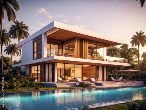 Modern stylish home with a minimalistic design, and a swimming pool in the foreground. Modern minimalistic architecture. Generative AI. © srijaroen