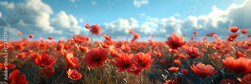 red poppy field, Blooming Red Daisy Flowers in a Meadow with Gree