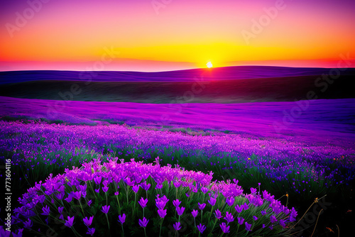 A field of unknown unearthly flowers at sunset. Purple  blue tones Landscape renderings