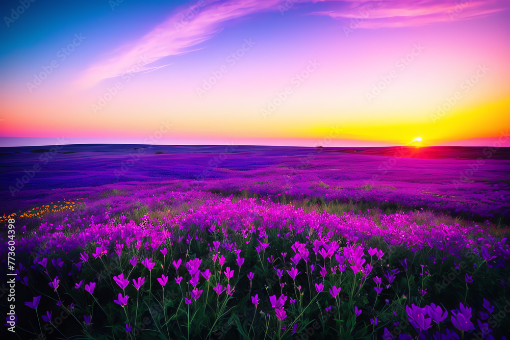 Fototapeta premium A field of unknown unearthly flowers at sunset. Purple, blue tones Landscape renderings