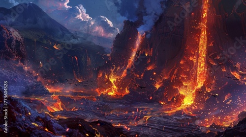 The hot vibrant lava streaming down the sides of the volcano creates a breathtaking explosion of color and chaos.