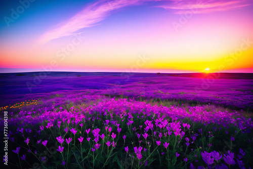 A field of unknown unearthly flowers at sunset. Purple, blue tones Landscape renderings © zhichao
