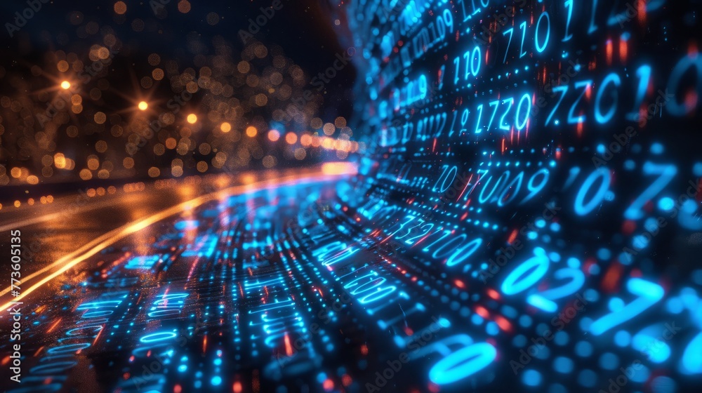 Fototapeta premium blue digital binary data on computer screen, Neon binary data stream. Flowing digits in a digital background