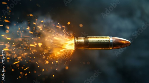 a bullet being fired from a gun, Bullet shooting out from gun. Close-up of a bullet coming out of a gun. weapon photo