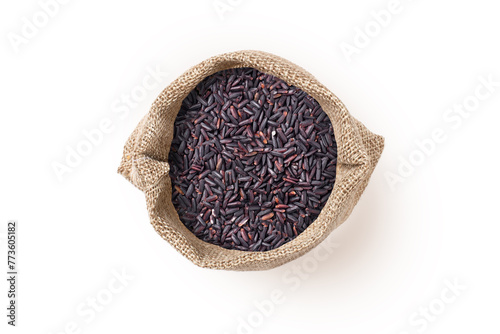 Purple rice in sack bag isolated on white background,,