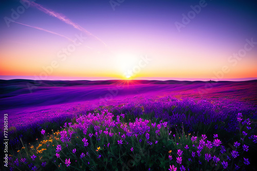 A field of unknown unearthly flowers at sunset. Purple  blue tones Landscape renderings
