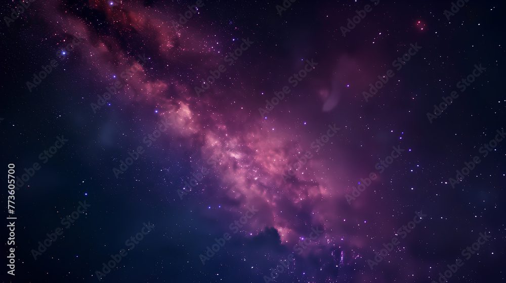 Fototapeta premium A beautiful purple sky with a large cloud of pinkish-purple stars. The stars are scattered throughout the sky, creating a sense of depth and wonder. The image evokes a feeling of awe