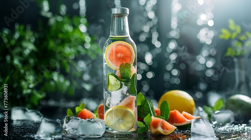 Healthy drink in a stylish glass bottle with fruit slices and ice cubes, fitness, hydration  photo
