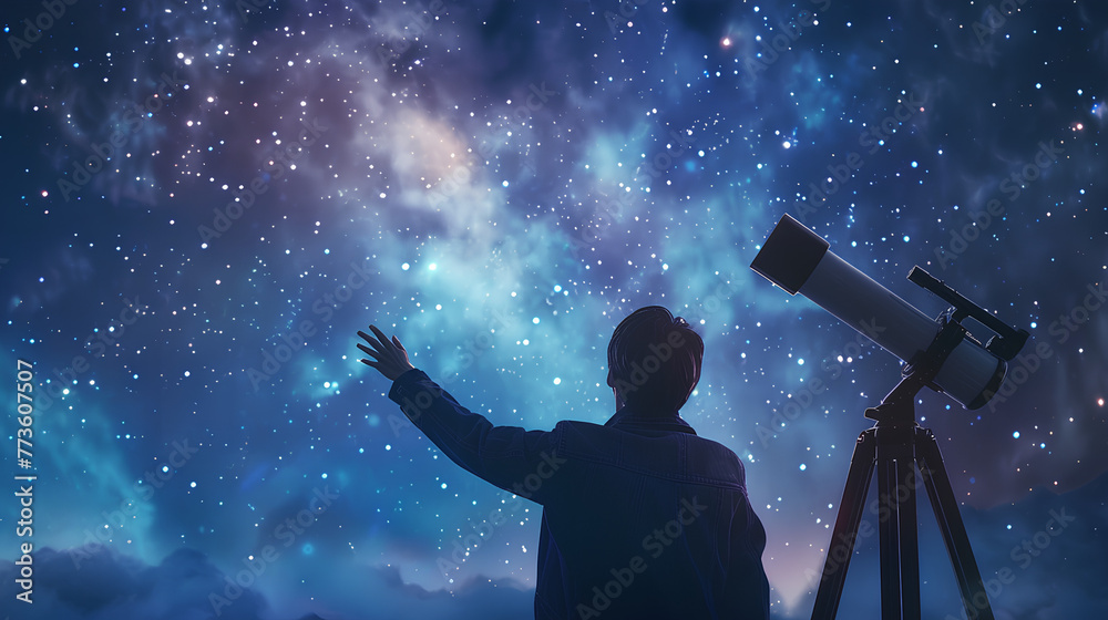 person holding a telescope, The image is a beautiful night sky with stars and a man looking through a telescope The man is in silhouette and is kneeling on the ground - obrazy, fototapety, plakaty 
