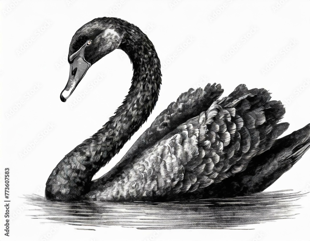 Naklejka premium Pencil drawing of a black swan in a lake
