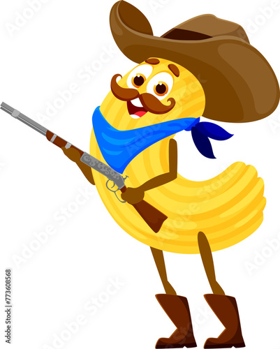 Cartoon Italian pasta cowboy and sheriff, bandit and robber, ranger character. Macaroni pasta Texas cowboy mascot, Italian cuisine meal Wild West bandit or noodle Western sheriff vector cute personage