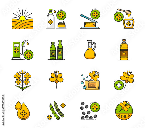 Rapeseed, canola oil icons with vector flowers and seeds. Thin line agriculture crop plant field, colza vegetable oil bottle, jar, jug and golden drop. Butter, biofuel, rapeseed honey and cosmetics