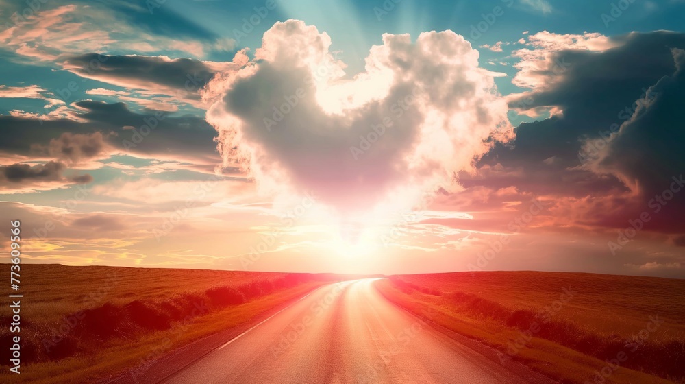 Road leads to heaven, Glowing saint glory covered heart shaped clouds in sky, religion backgrounds, love and save concept. Road leads to heaven, Glowing saint glory covered heart shaped clouds in sky, religion backgrounds, love and save concept.