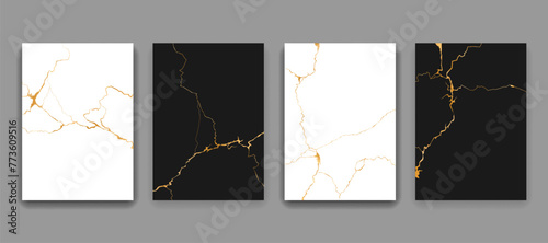 Kintsugi gold cracks marble texture patterns. Abstract golden lines on black and white stone backgrounds. Modern wall decor of vintage japanese art, kintsugi or kintsukuroi gold cracks patterns set photo