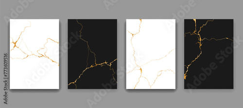 Kintsugi gold cracks marble texture patterns. Abstract golden lines on black and white stone backgrounds. Modern wall decor of vintage japanese art, kintsugi or kintsukuroi gold cracks patterns set