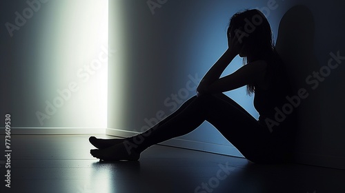 Silhouette of depressed lonely woman sitting and leaning on a wall at home, copy space.