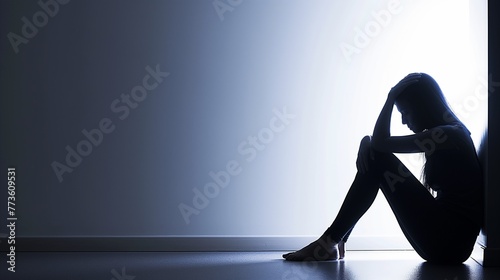 Silhouette of depressed lonely woman sitting and leaning on a wall at home, copy space.