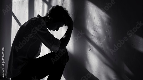 Depressed lonely man, silhouette of a miserable man sitting alone and depressed next to a rough concrete wall, suffer from drug or alcohol addition, concept of anxious, mental health, broke heart. photo
