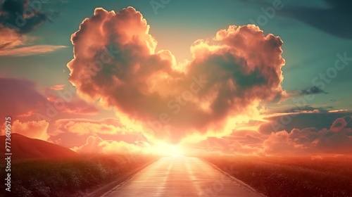 Road leads to heaven, Glowing saint glory covered heart shaped clouds in sky, religion backgrounds, love and save concept.