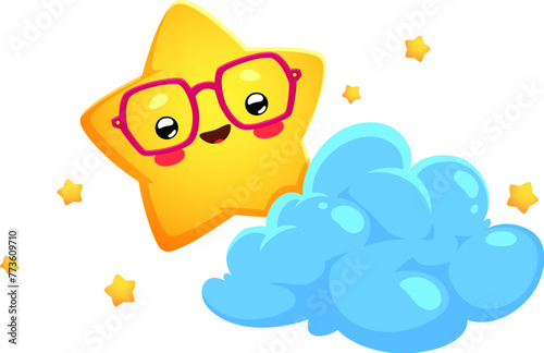 Cartoon cute cheerful kawaii star and happy twinkle character. Isolated vector celestial toon personage in glasses, gleefully shines in sky amidst fluffy clouds, spreading charming joy and radiance