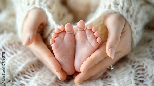 Mother hands holding new born baby feet form a heart shape, concept of happy family, new birth baby happiness, Mom and child.