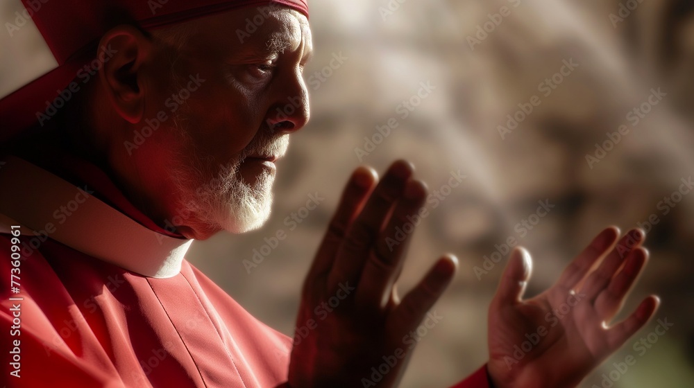 Catholic priest on altar praying during mass in glory light, copy space, close up, religious event backgrounds Catholic priest on altar praying during mass in glory light, copy space, close up, religious event backgrounds