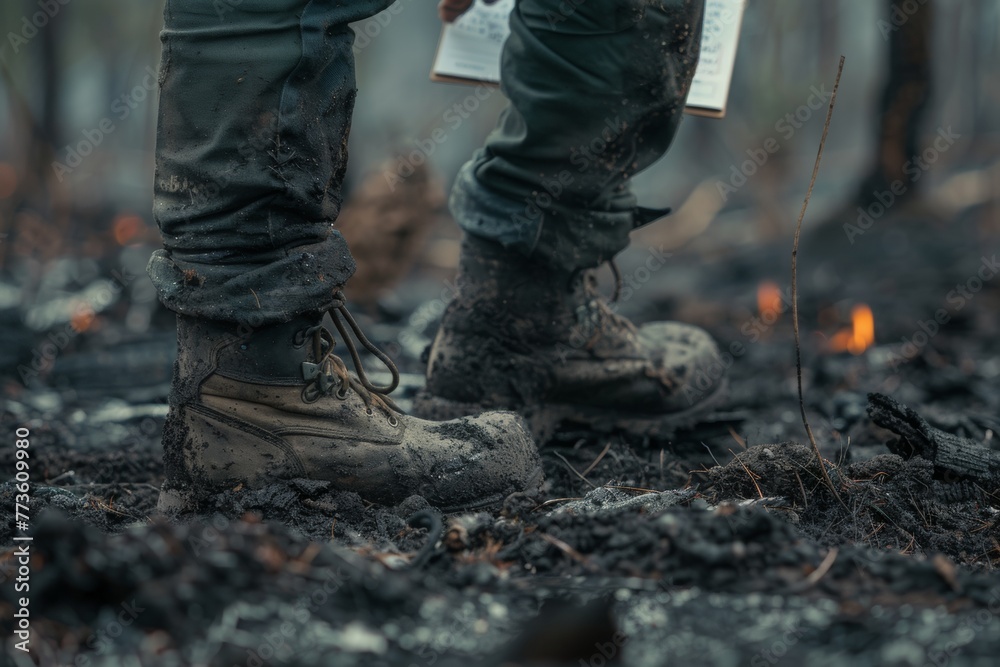 A close up of a specialist's boots walking through ash, inspecting the aftermath of a forest fire, notebook in hand. A close up of a specialist's boots walking through ash, inspecting the aftermath of a forest fire, notebook in hand.