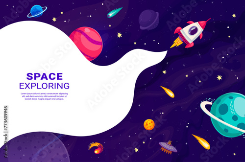 Cartoon space rocket in galaxy between stars and planets in starry sky, vector background. Space exploration banner with spaceship flying in galaxy space to planets, alien UFO and galactic asteroids
