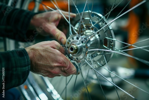 Specialist skillfully hand building a custom wheel, selecting spokes and a rim. photo