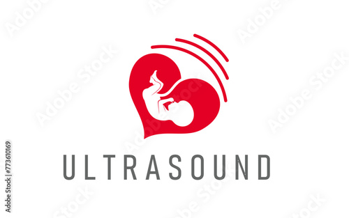 Ultrasound pregnancy icon. Isolated vector emblem, features baby fetus profile in the pregnant woman womb, within heart shaped frame and sound waves, symbolizing health care and medical attention