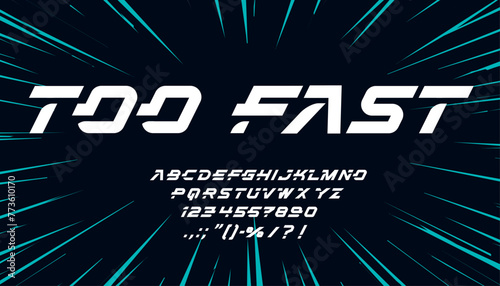 Speed sport font, fast dynamic tech type, modern game typeface, abstract urban English alphabet. Vector abc letters, numbers and signs in future, technological style with movement car race effect