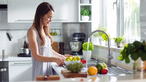 Happy young wife washing fruit in modern kitchen, concept of healthy lifestyle, organic food, beautiful housewife, family good time, with copy space. photo