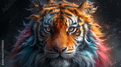 The colorful tiger had large eyes and feathers in all the colors of the rainbow giving it a lively and intricate appearance, Generated by AI
