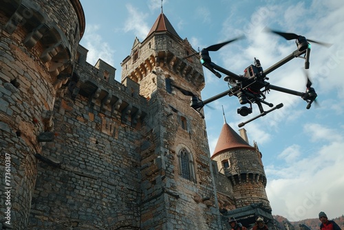 A drone hovers over a castle, mapping its layout for a renovation project, while guards below watch curiously. photo