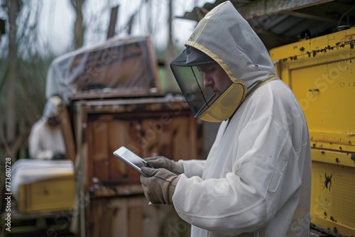 Beekeeper using modern technology, like a digital tablet, to track hive health and productivity.
