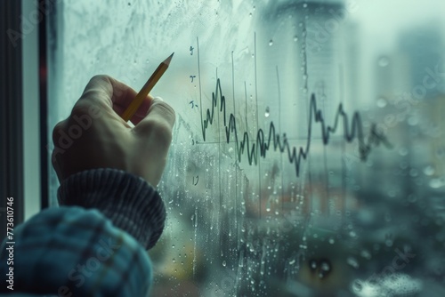 An accountant's hand drawing a financial growth chart on a foggy window, visualizing success on a dreary day. photo