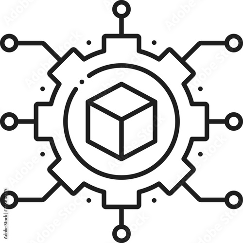 Blockchain Internet transaction, cryptocurrency web technology, fintech thin line icon. Cryptocurrency digital technology, blockchain fintech outline vector symbol with cog wheel, motherboard trace