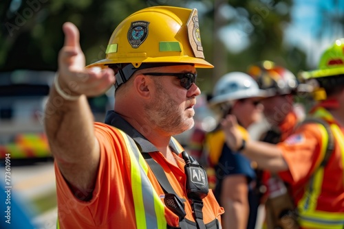 Prevention specialist leading a community fire drill, directing evacuations with precision and calm authority.