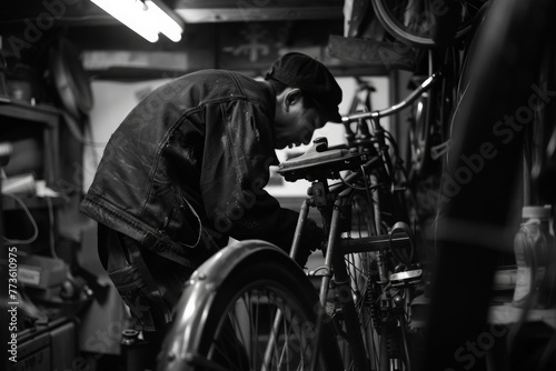 Repair expert working on a vintage bike, restoring it to its former glory with authentic parts and meticulous care. photo